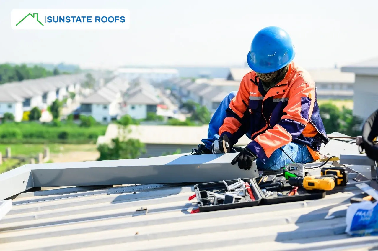 A roofing expert in Central Florida installing energy efficient roofing systems using advanced roofing materials and cool roofing solutions. The worker focuses on metal roofing, showcasing efficient roofing materials and energy-efficient roofing systems designed for durability and sustainability. Tile roofing and innovative roofing solutions are part of the installation process.