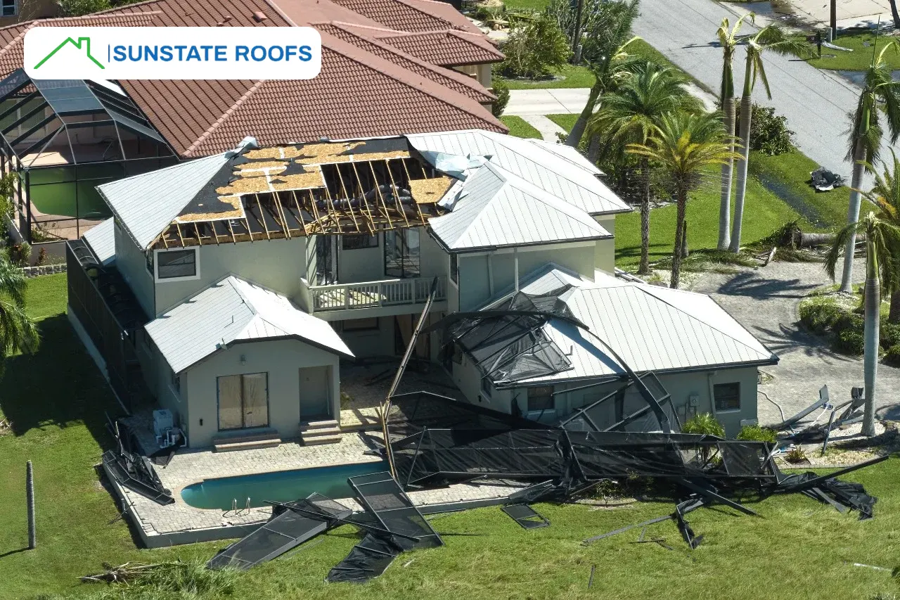 Severe roof damage caused by a Central Florida storm, highlighting the importance of storm preparation for Florida residents. A damaged home due to strong winds and hurricane conditions emphasizes the need for proactive safety measures for Central Florida residents