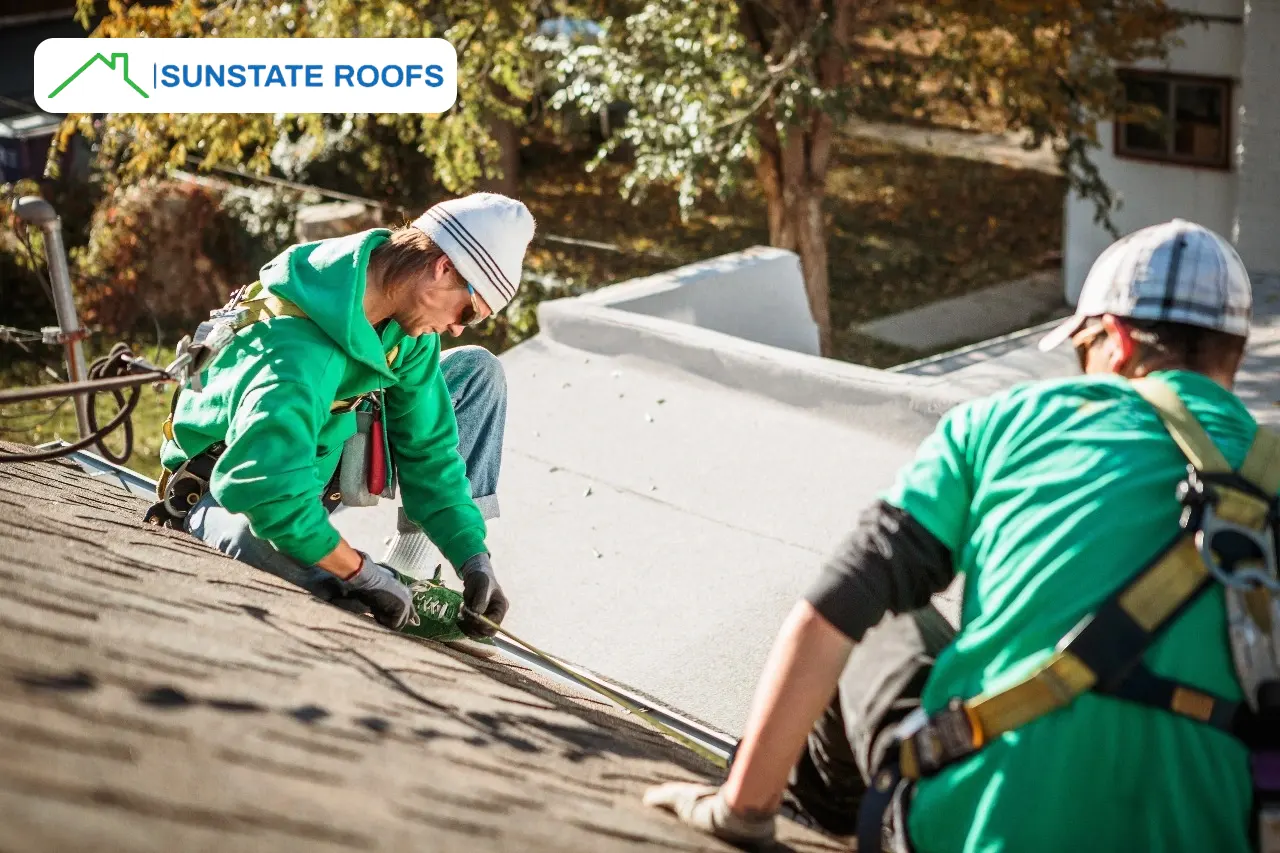 Roofing professionals in Central Florida preparing a roof for storm season. Comprehensive storm preparation services for Florida residents to protect against hurricane winds and ensure roof safety. Tailored solutions for Central Florida residents during storms