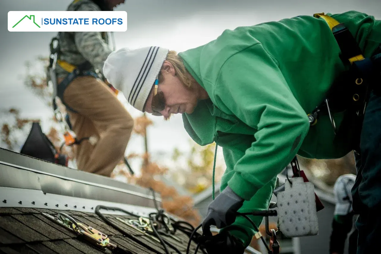 Roofing professional inspecting a flat roof in Central Florida, preparing for roof waterproofing with waterproofing membranes and products. The image highlights the application of roofing and waterproofing solutions, including roof coatings, to protect flat and concrete roofs. Ideal for achieving durable and effective waterproofing solutions in Florida's climate.