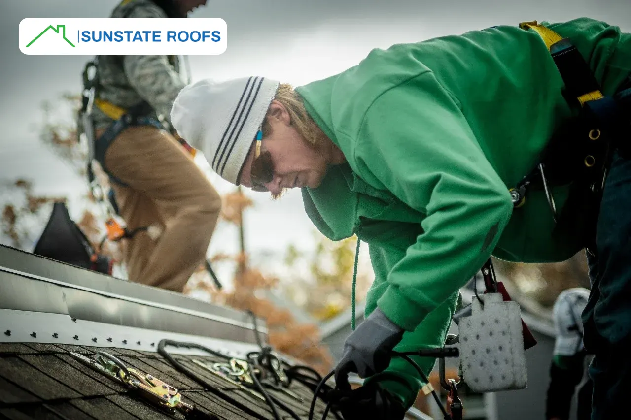 Roofing professional inspecting roof shingles on a residential property in Winter Park, FL. Highlights Sunstate Roofs' partnership with Acorn Finance, offering flexible financing options for roof repair and roof replacement. Keywords include financing with Acorn, Acorn Finance offers, finance your roof, and flexible financing