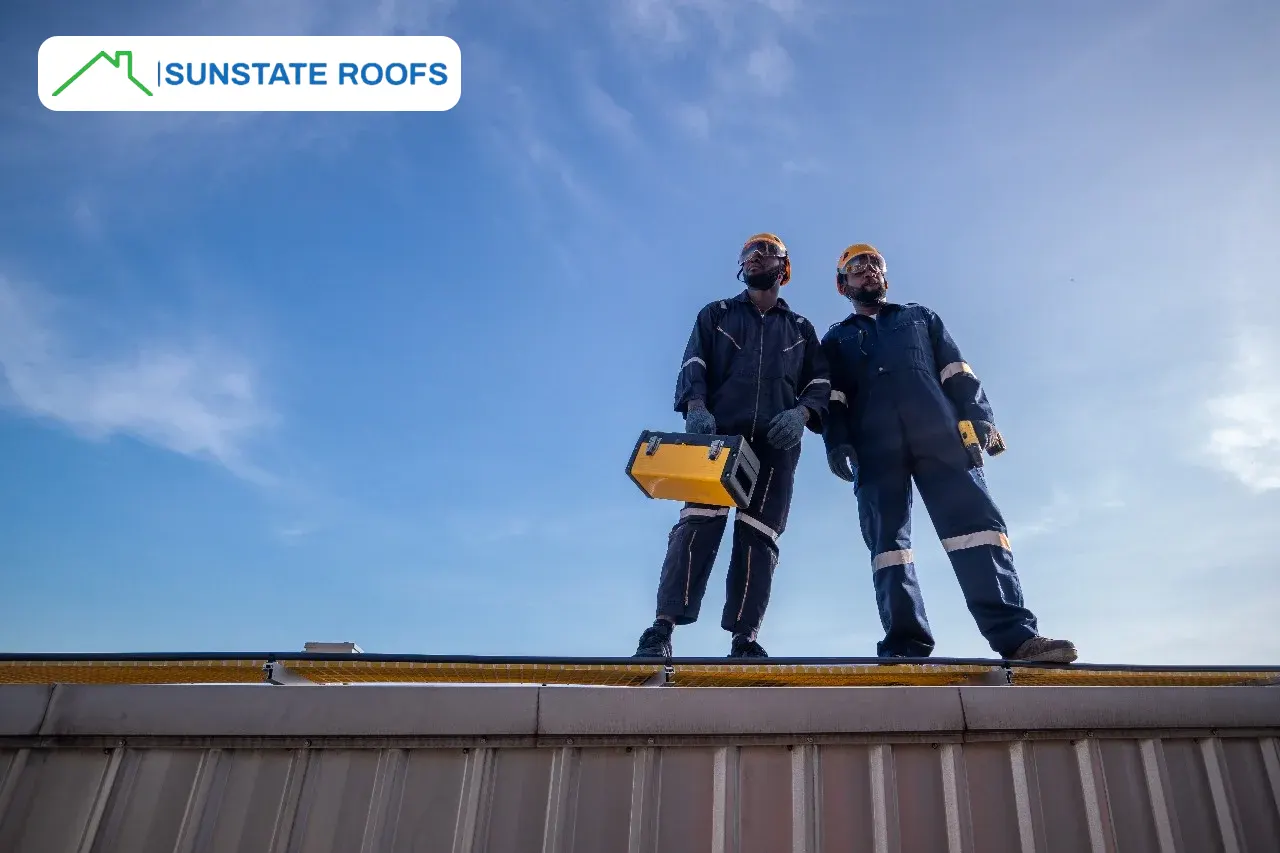 Two workers in protective gear standing confidently on a roof under a clear sky, representing Sunstate Roofs in Winter Park, FL. Showcasing flexible financing options with Acorn Finance for roof repair and replacement. Keywords include financing with Acorn, Acorn Finance offers, finance your roof, and flexible financing