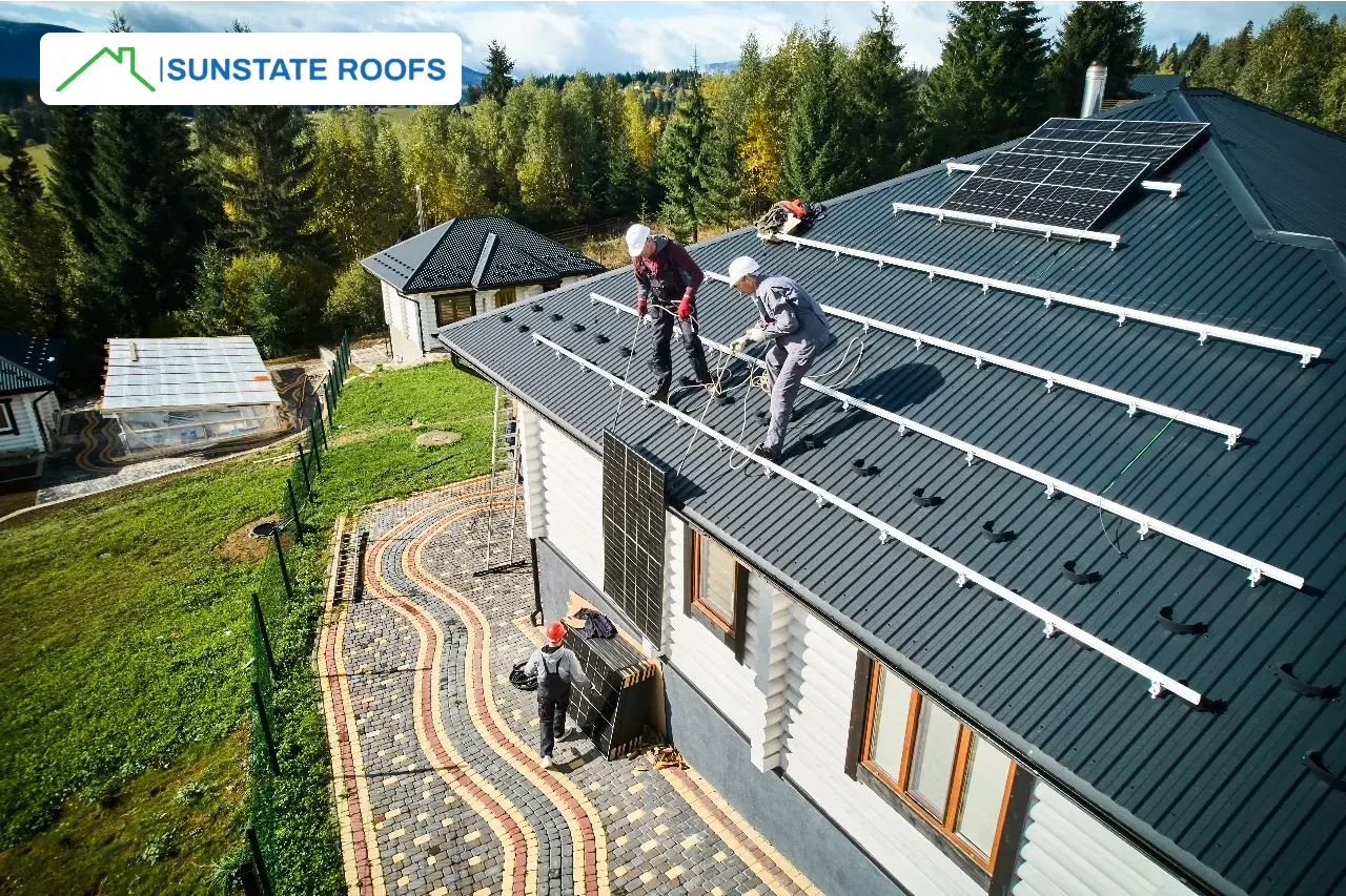 Energy efficient roofing installation in Central Florida featuring advanced roofing materials, efficient roofing systems, and cool roofing solutions. Workers are installing metal roofing with solar panels, showcasing sustainable and energy-efficient roofing systems for residential properties. Tile roofing and energy-efficient roofing materials are emphasized for durability and cost savings.