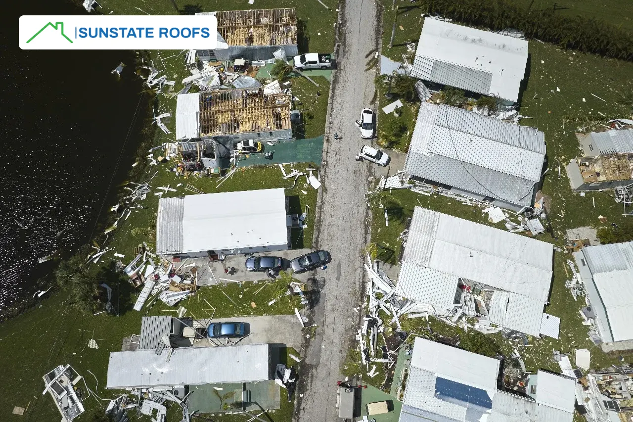 Damaged homes in Central Florida after a hurricane, highlighting the importance of storm-proof roofs, hurricane-resistant roofing materials, and expert roofing contractors