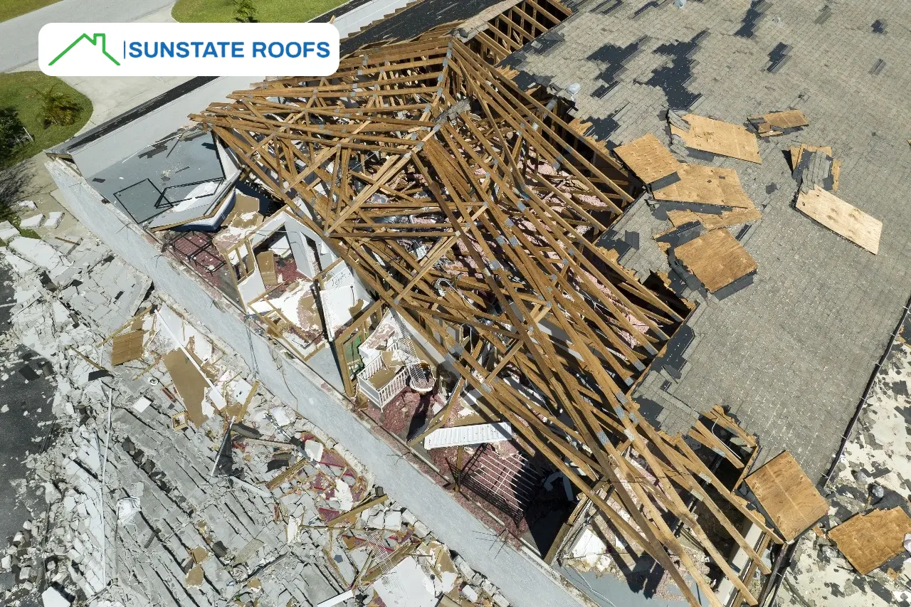 Severely damaged roof in Central Florida caused by structural failure, emphasizing the urgency of expert roof inspections, roof leak repairs, and durable solutions for residential roofs, including metal, tile, and flat roofing systems