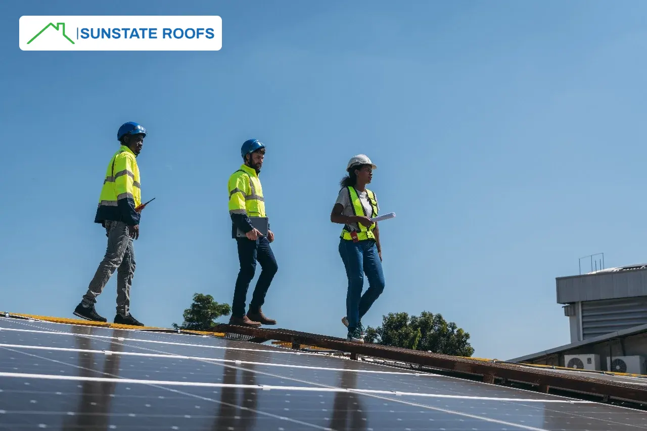 Team inspecting energy efficient roofing systems in Central Florida under clear skies. Showcasing roofing materials, efficient roofing systems, and cool roofing solutions. Highlighting metal roofing, tile roofing, and energy efficient roofing materials designed for sustainability and performance in Florida's climate