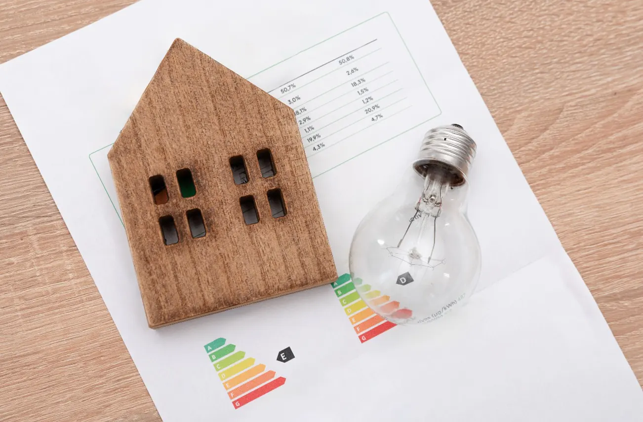 A wooden house model, light bulb, and energy efficiency chart on a desk, symbolizing Sunstate Roofs' commercial services in Central Florida. Sunstate Roofs specializes in roof coating application, using professional roof coating application tools, and educating on roof coating benefits and how to apply for maximum efficiency.