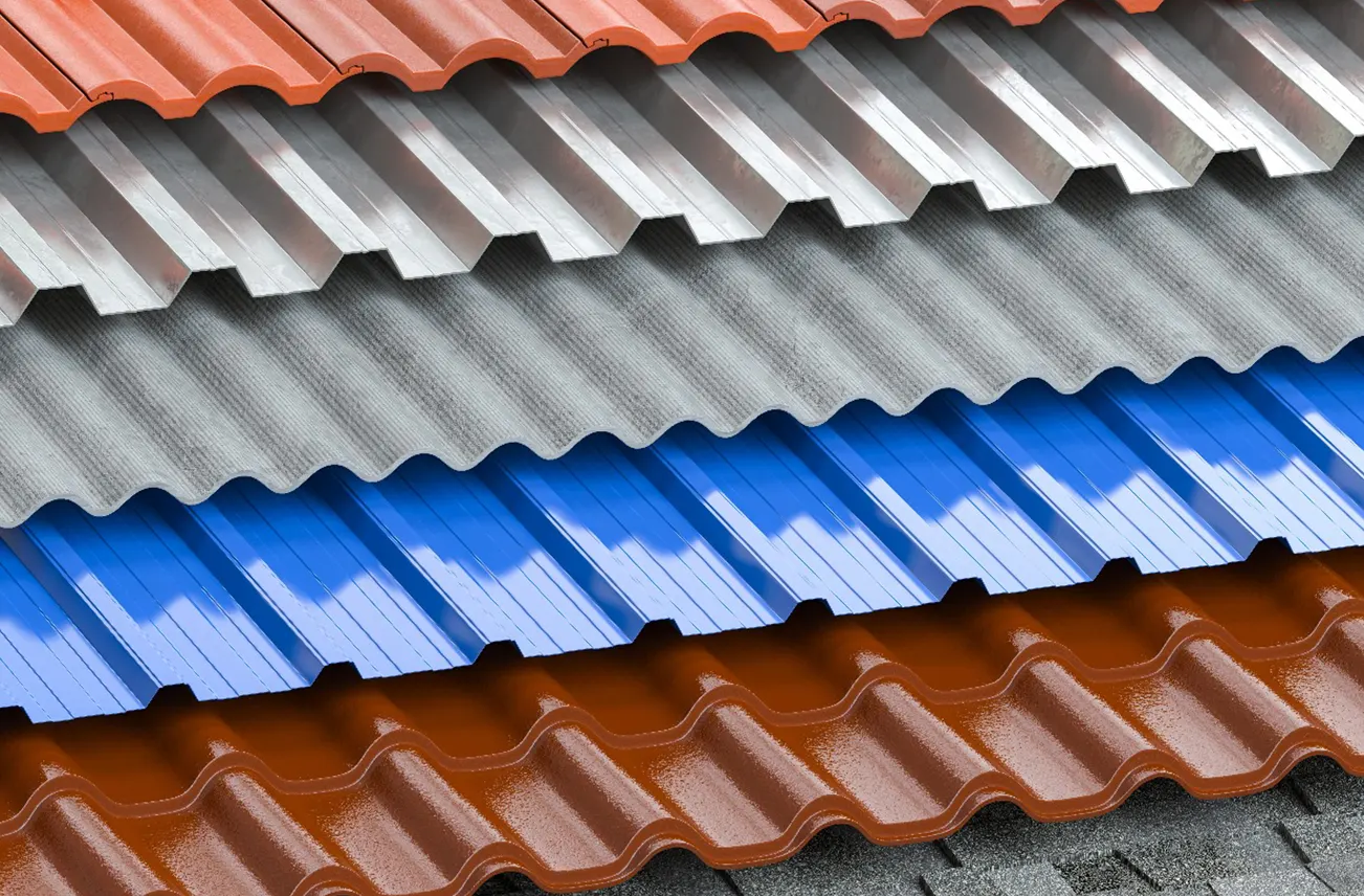 Stacked metal roofing panels in various colors and materials, showcasing options for residential services by Sunstate Roofs in Central Florida. Highlighting Metal Roof Replacement cost, nearby services, and installation solutions, including durable replacement tape for long-lasting performance.