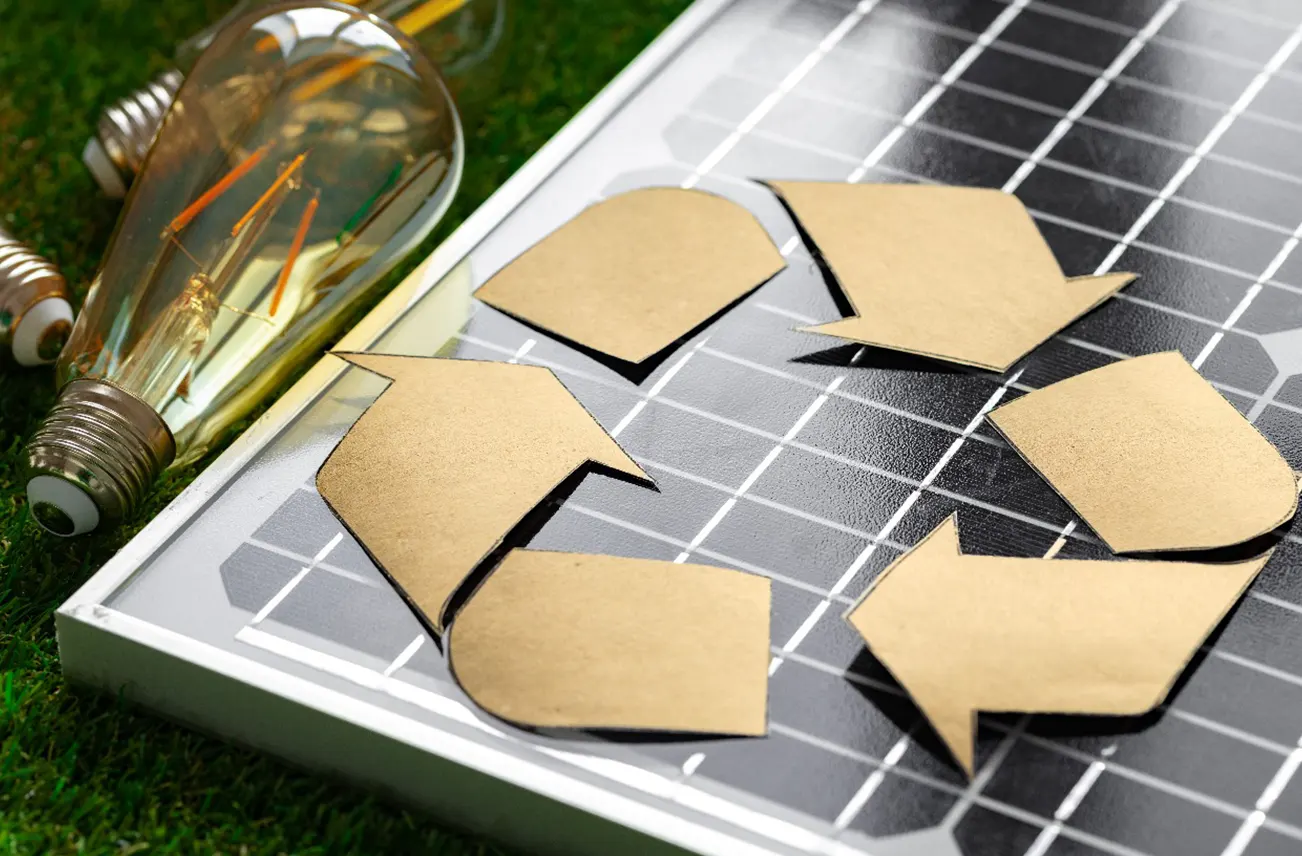 Close-up of a solar panel with cardboard recycling arrows and a light bulb, symbolizing energy efficiency and sustainability. Sunstate Roofs in Central Florida offers residential services, including Roof Replacement cost analysis, relief services, tape solutions for repairs, and nearby replacement options.