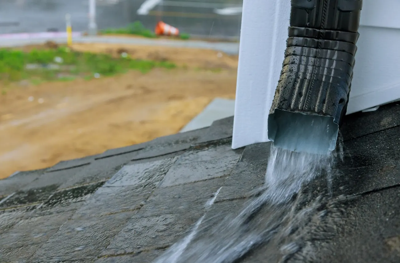 Close-up of a water drainage system installed by Sunstate Roofs in Central Florida, highlighting residential services and flat roof installation. The image demonstrates effective water management techniques, including tapered insulation, internal drains, and scuppers to prevent ponding.