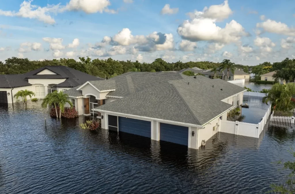 A flooded residential neighborhood in Central Florida, emphasizing the importance of Sunstate Roofs' waterproofing services. For reliable 'waterproofing services' or 'waterproofing services near central florida,' Sunstate Roofs provides advanced solutions to protect homes from Florida's intense rain and humidity.