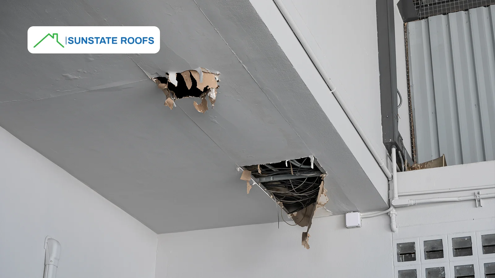 Severe ceiling damage caused by neglected commercial roof maintenance. Timely inspections and repairs can prevent such costly structural issues.