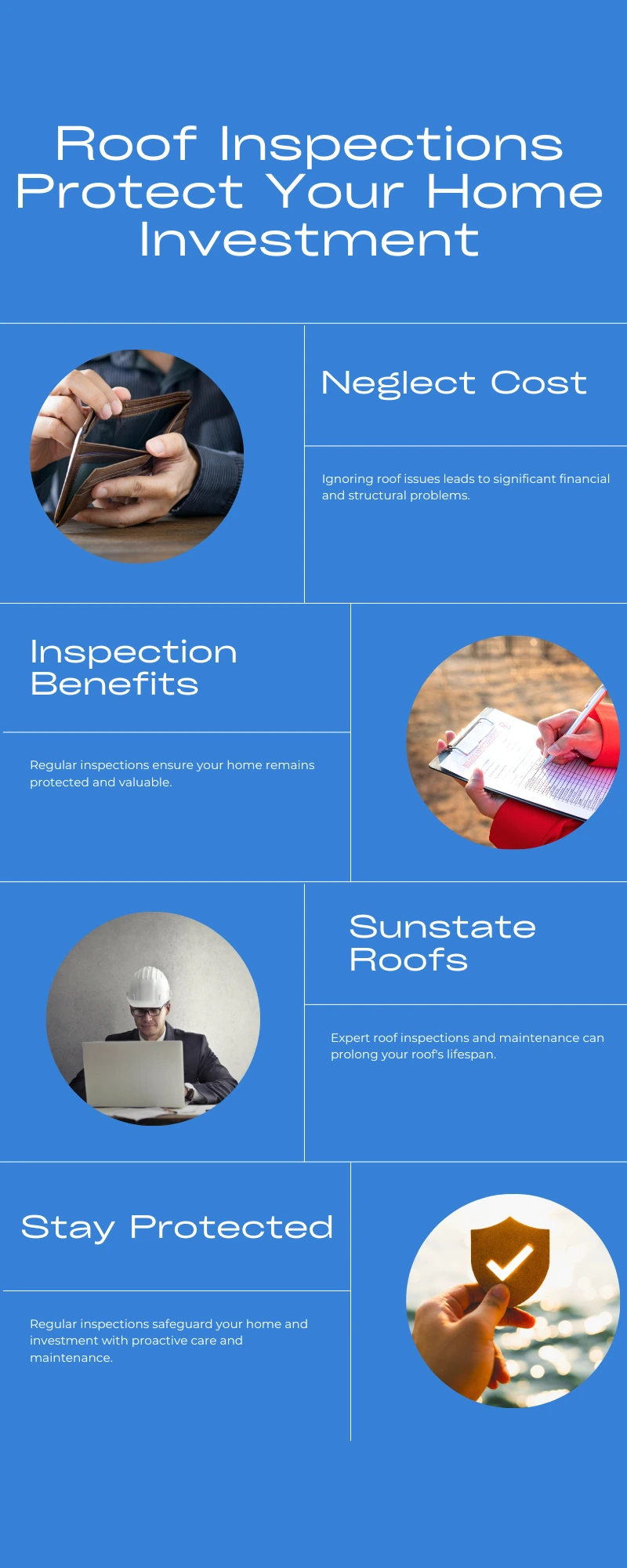 Residential Roof Maintenance Infographic – A corporate-style infographic emphasizing the importance of regular roof inspections. It covers (1) Neglect Cost – Roof issues can lead to major expenses, (2) Sunstate Roofs – Expert maintenance extends roof lifespan, and (3) Inspection Benefits – Routine checks protect home value. Includes charts illustrating the impact of leaks, UV rays, and repairs on property value. Ends with a call to stay proactive with inspections.