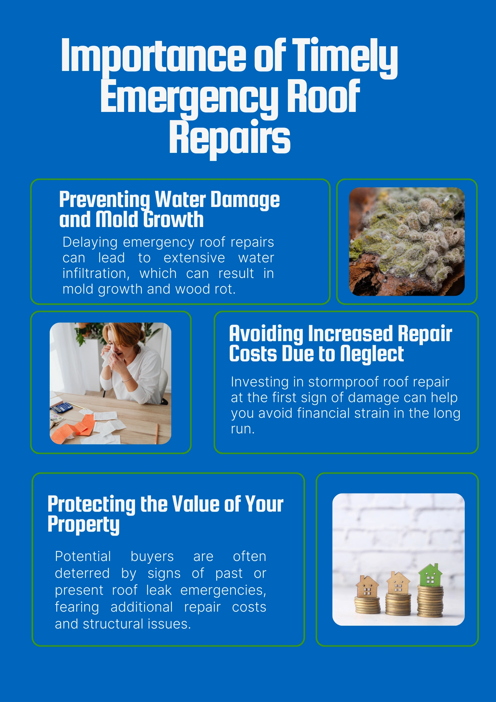 Informative infographic by Sunstate Roofs highlighting the importance of timely emergency roof repairs. It covers key aspects such as preventing water damage and mold growth, avoiding increased repair costs, and protecting home value. Features visuals of mold, financial strain, and property depreciation due to neglected roof maintenance. Ideal for homeowners needing emergency roof repairs.