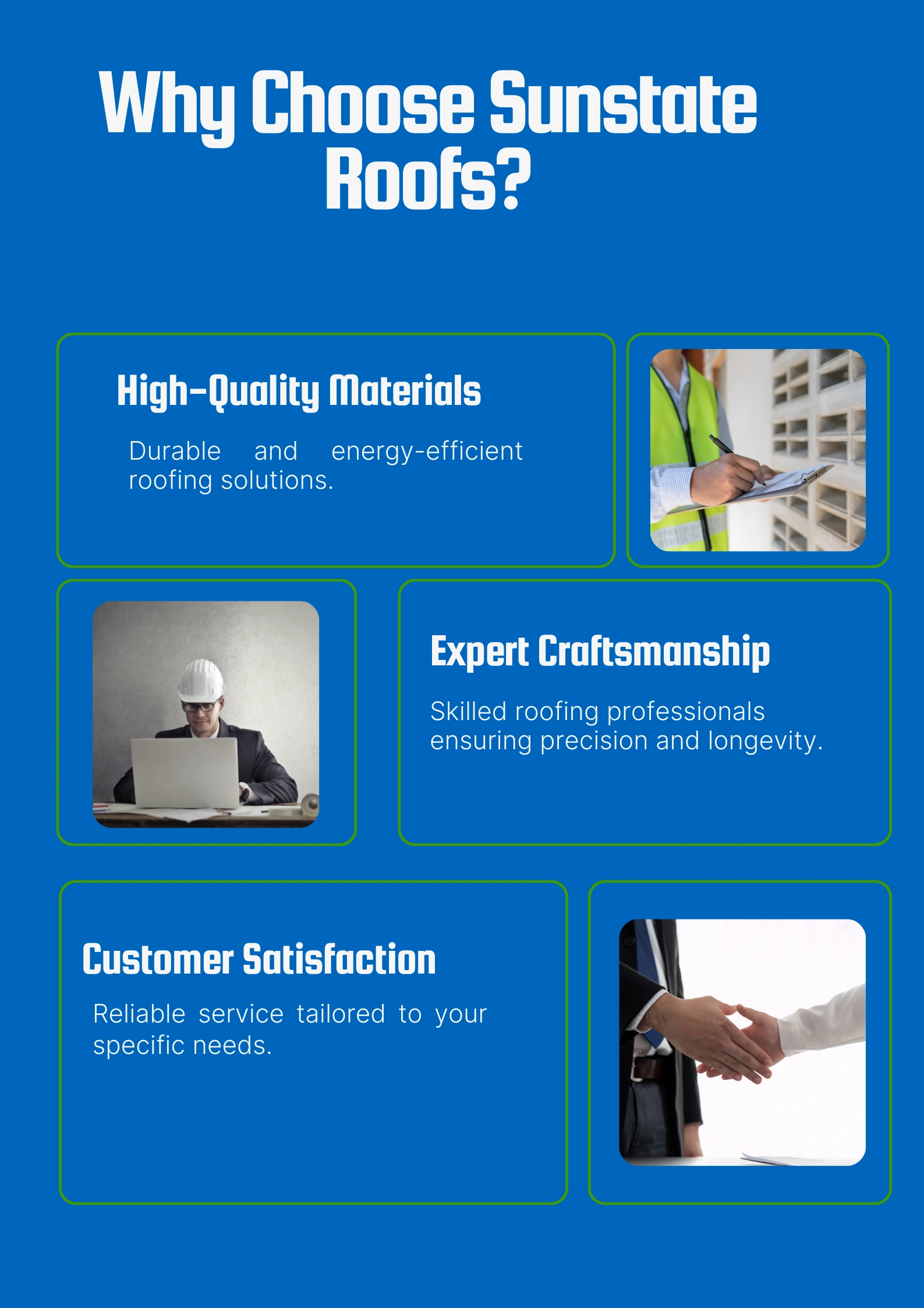 Why Choose Sunstate Roofs?" infographic showcasing the company's commitment to high-quality residential roof materials. The design includes three key benefits: High-Quality Materials (durable and energy-efficient roofing solutions), Expert Craftsmanship (skilled professionals ensuring precision and longevity), and Customer Satisfaction (reliable service tailored to specific needs). 