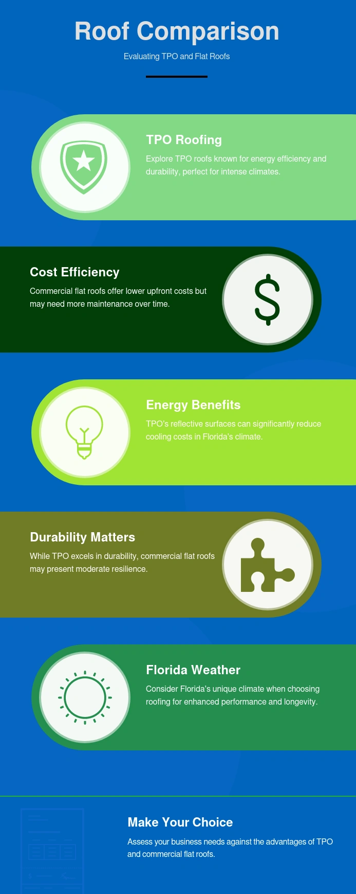 A visually engaging infographic comparing TPO roofing and commercial flat roofs, highlighting key factors such as cost efficiency, durability, energy benefits, and weather resistance. It emphasizes TPO roofing as an energy-efficient and durable solution, while flat roofs offer lower upfront costs but may require more maintenance. The infographic advises businesses to assess their roofing needs based on climate and performance factors.