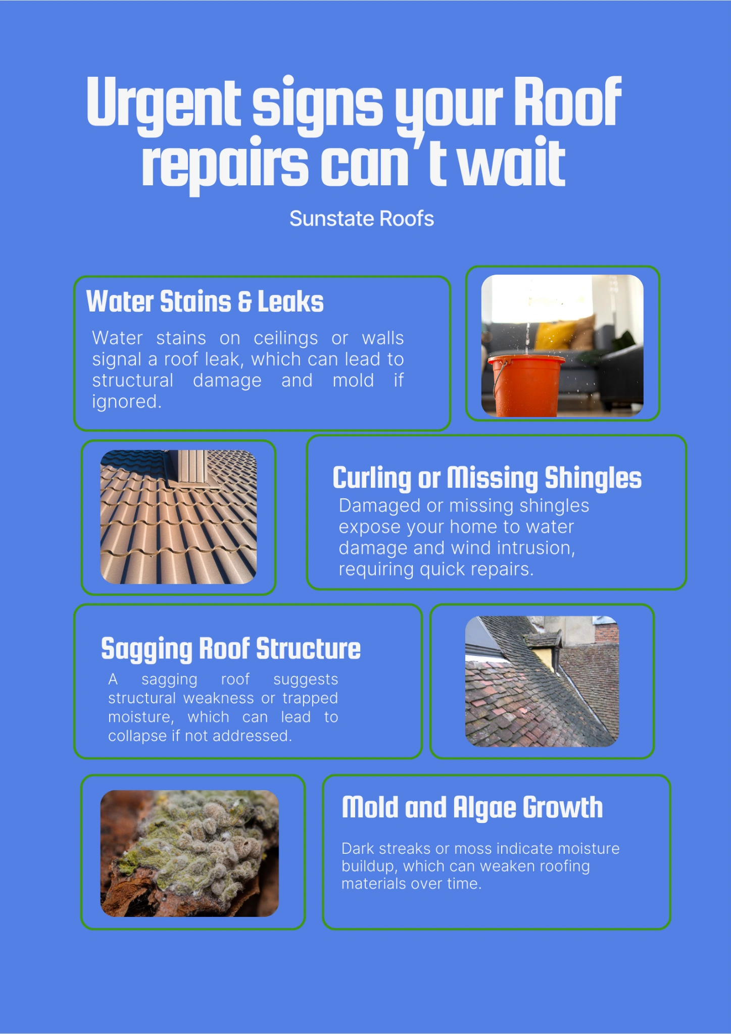 Infographic by Sunstate Roofs highlighting urgent signs for roof repairs, including water stains, missing shingles, sagging structures, and mold growth. It emphasizes the importance of timely roof maintenance to prevent costly damage.